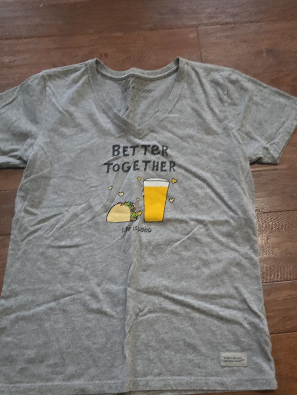 Life Is Good Gray V-Neck Tee with Taco & Beer Graphic